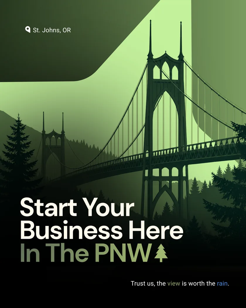 Illustrated St. Johns Bridge promoting a Pacific Northwest business launch.